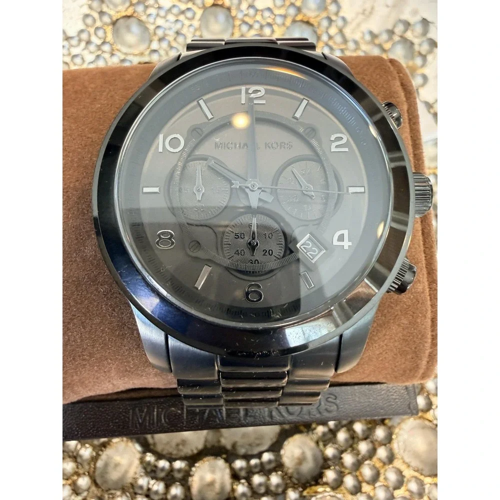Michael Kors Runway Black Steel Chronograph Black Dial Mens Watch MK8157 w/ Box